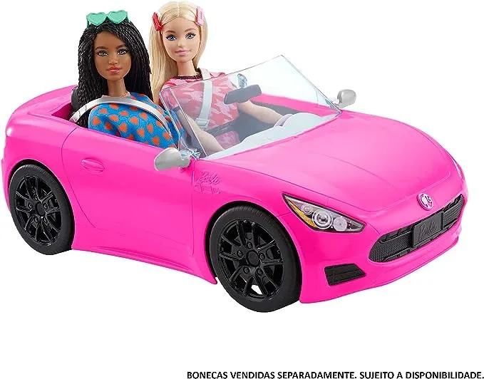 Barbie Toy Car, Bright Pink 2-Seater Convertible with Seatbelts and Rolling Wheels, Realistic Details 