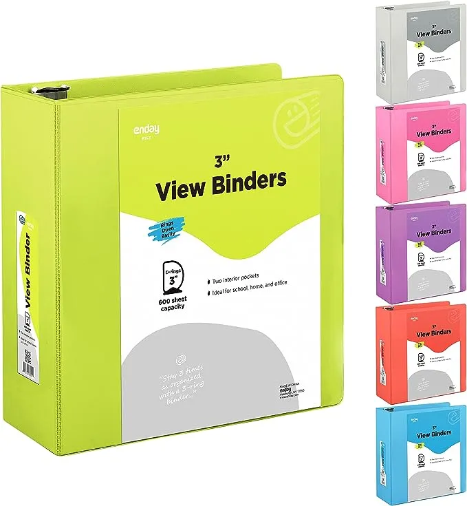 3 Inch Binder 3 Ring Binders Green, Slant D-Ring 3” Clear View Cover with 2 Inside Pockets, Heavy Duty Colored School Supplies Office and Home Binders – by Enday