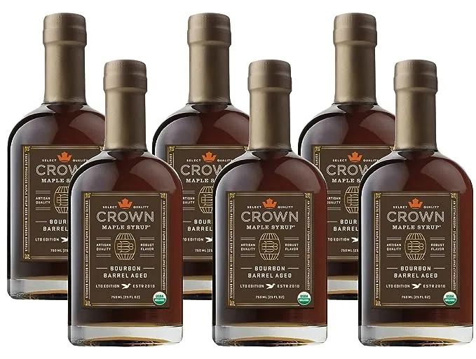 Crown Maple Bourbon Barrel Aged Organic Maple Syrup, Pancakes, Flavor Cocktails, Marinades and Sauces, 25 Fl Oz, (Pack of 6)