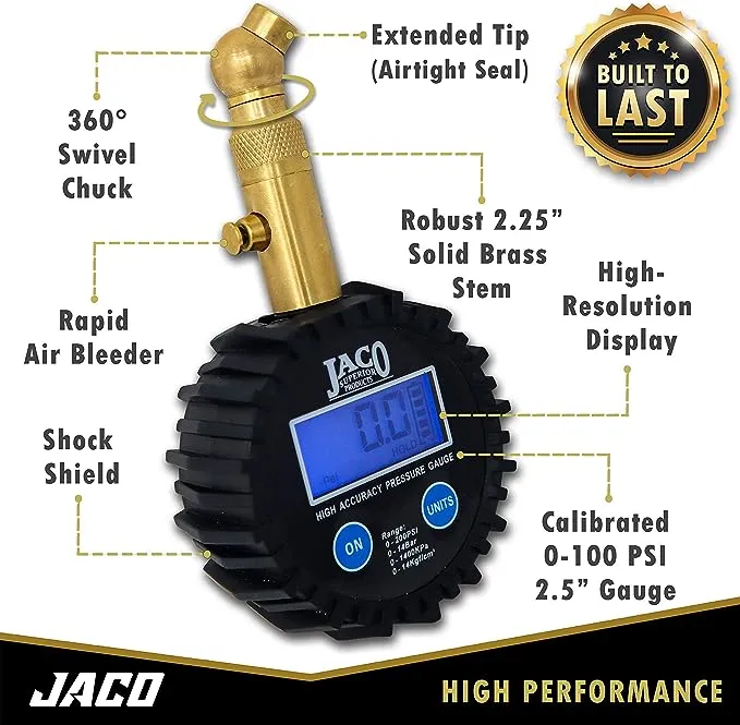 Jaco Elite Digital Tire Pressure Gauge Professional Accuracy 100 PSI