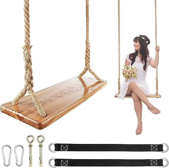 timcorr Wooden Tree Swing,Wooden Swing for Adults/Kids with 500lbs Load Capacity Waterproof Wooden Swing Seat Adjustable Hemp Rope Plus Tree Straps