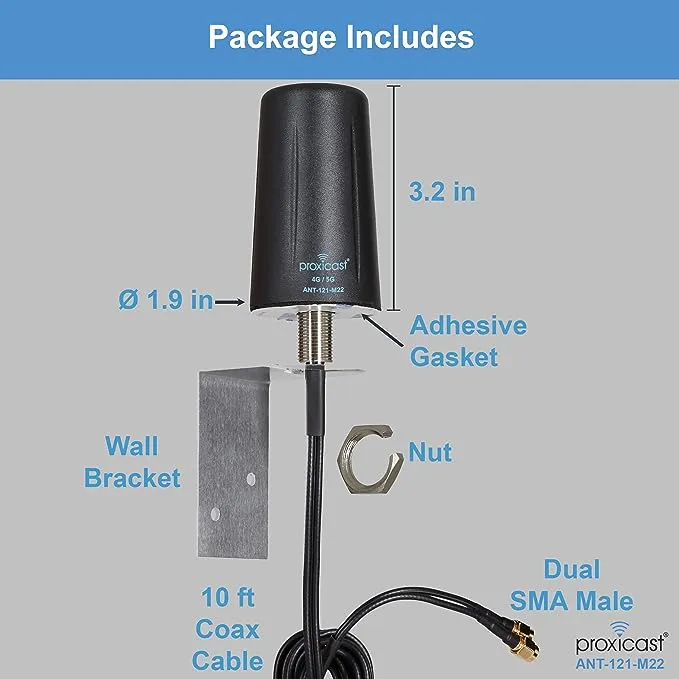 Proxicast Vandal Resistant 2x2 MIMO Low Profile 4G/5G Omni-Directional Screw Mount Antenna - 10 ft Coax Leads - for Cisco, Cradlepoint, Digi, Pepwave, Sierra Wireless and Others (ANT-121-M22)