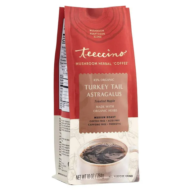 Teeccino Turkey Tail Astragalus Coffee Alternative - Toasted Maple - Adaptogenic Herbal Mushroom Coffee, Medium Roast, Caffeine Free, Prebiotic, Acid Free, All-Purpose Grind - 10 Oz 