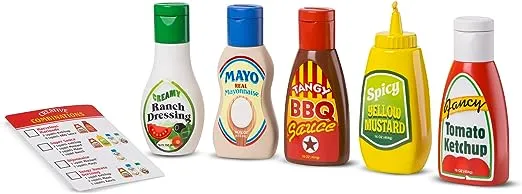 Melissa &amp; Doug 3 Pc. Condiments Play Food Bottles Ranch Salsa Vinaigrette (G)