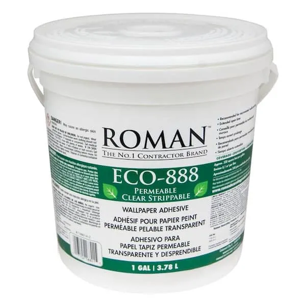 ROMAN’s ECO-888 Clear, Strippable, Wallpaper Adhesive, Easy Installation Glue/Paste, Clear, Zero VOC, Home Improvement (1 Gallon - 330 sq. ft.)