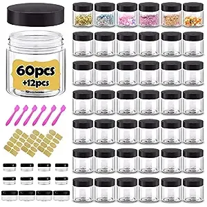 2 oz Plastic Containers with Lids 60pcs Plastic Jars with Lids + 3/5/10 Gram 12pcs Sample Containers Travel Jar– Great for Travel,Lip Scrub,Body Butters,Cream,Lotion Free Labels & Spatulas (72 Pack)