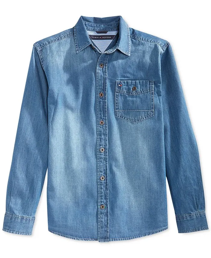 Tommy Hilfiger Long-Sleeve Max Denim Shirt, Big Boys Blue