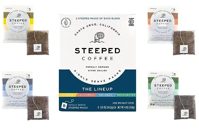 Single Serve Coffee Packs, Steeped Gourmet Variety Pack, Just Add Water, Commercially Compostable, Direct Trade, Hand Roasted & Freshly Ground, Specialty Grade, Nitro Sealed, 8 Pack