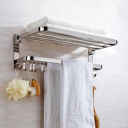 DDS-DUDES Towel Double Bar,Adhesive Towel Rack Holder Bathroom Shelves, Lavatory Wall Mounted Stainless Steel Hotel Double Level Bath Shower Shelf with Towel Bar (Silver 16 inches)