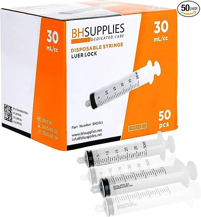 BH Supplies 30ml Luer Lock Tip Syringes (no Needle) Sterile, Individually Wrapped 50 Syringes