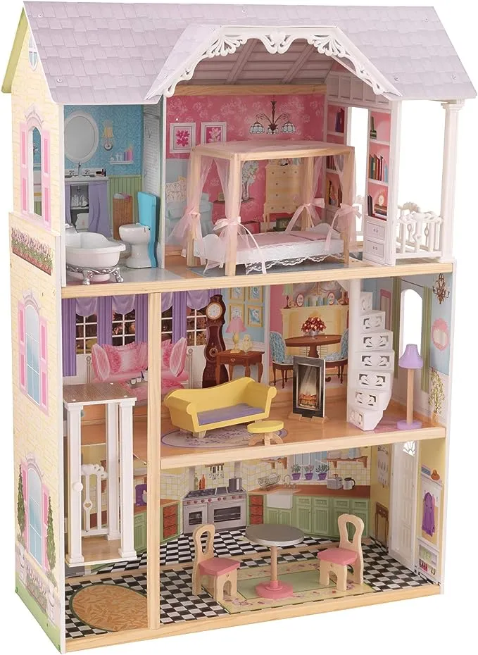 KidKraft Kaylee Wooden Dollhouse, Almost 4 Feet Tall with Elevator, Stairs and 10 Accessories, Gift for Ages 3+