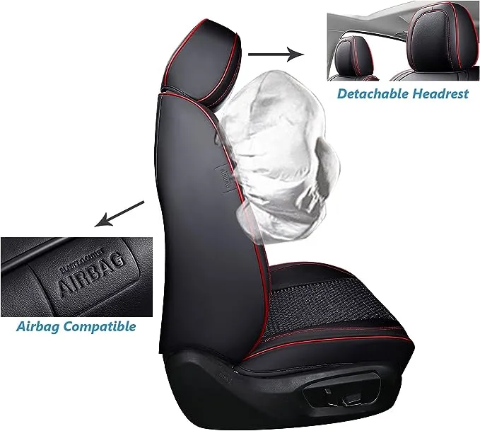 Coverado Seat Covers Full Set, 5 Seats Universal Seat Covers for Cars, Super Breathable Faux Leather Car Seat Cushions, Waterproof Auto Interiors, Fit Most Vehicles, Sedans and SUVs, Black&Red Trim