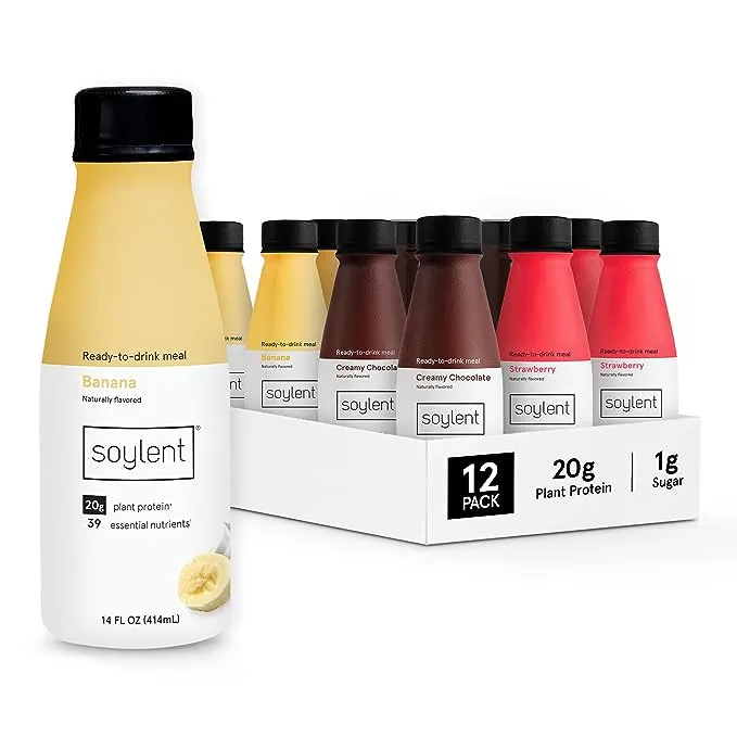 Soylent Meal Replacement Shake, Banana Split Variety Pack, Contains 20g Complete Vegan Protein, Ready-to-Drink, 14oz, 12 Pack