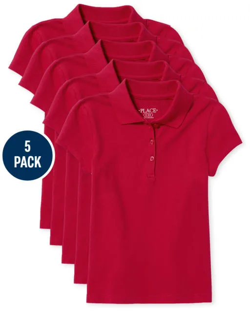 Girls Uniform Pique Polo 5-Pack - Ruby