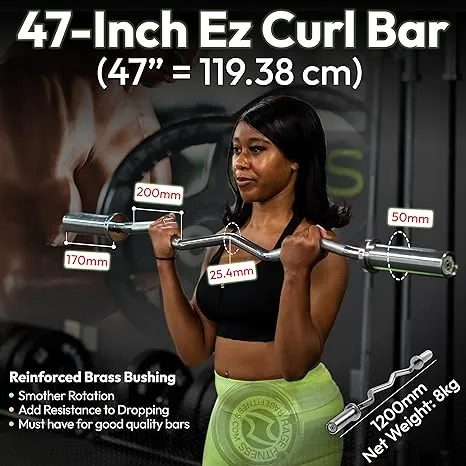 EZ Curl Bar – 47 Inch, 17Lbs Alloy Steel with Chrome Finish &amp; Nylon Bushings EZ 