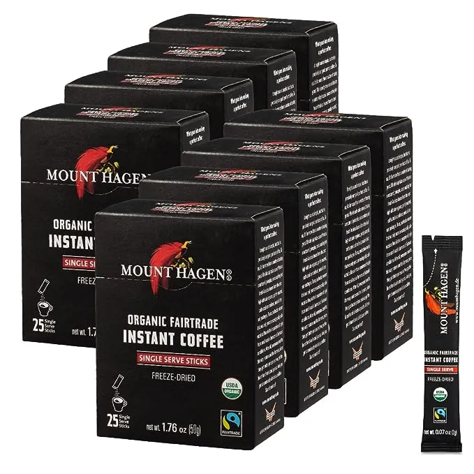 Mount Hagen Organic Instant Regular Coffee, 25 Count Single Serve Packet Net WT 1.76 oz (50g)