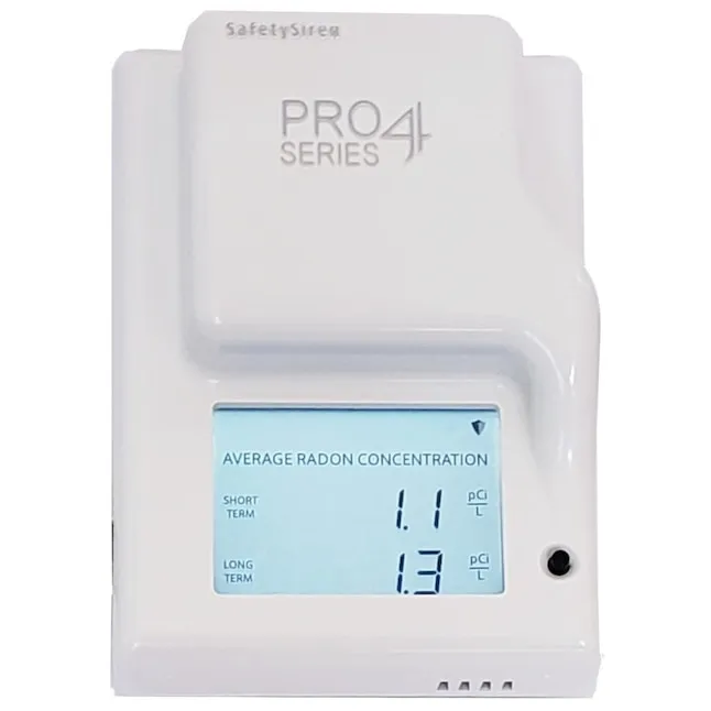 SafetySiren Pro4 Series Electronic Radon Gas Detector - Digital Display - AC Hardwired - White - Continuous Air Sampling - 3 Alarm Modes - Energy Star