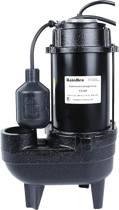 RainBro 1/2 HP Cast Iron Submersible Sewage Pump With 10 ft. Piggy Back Tether Float Switch, Model# CSE050 Black 