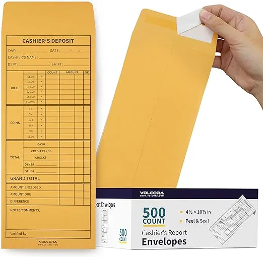 [500 Pack] Cashier Envelopes for Cash Deposit Drop and Money Reporting, Peel and Seal Gum Flap, Coin Holder Bank Budgeting Envelope, Banking Daily Slips Organizer, Yellow Kraft Paper - 10.4” x 2.5”