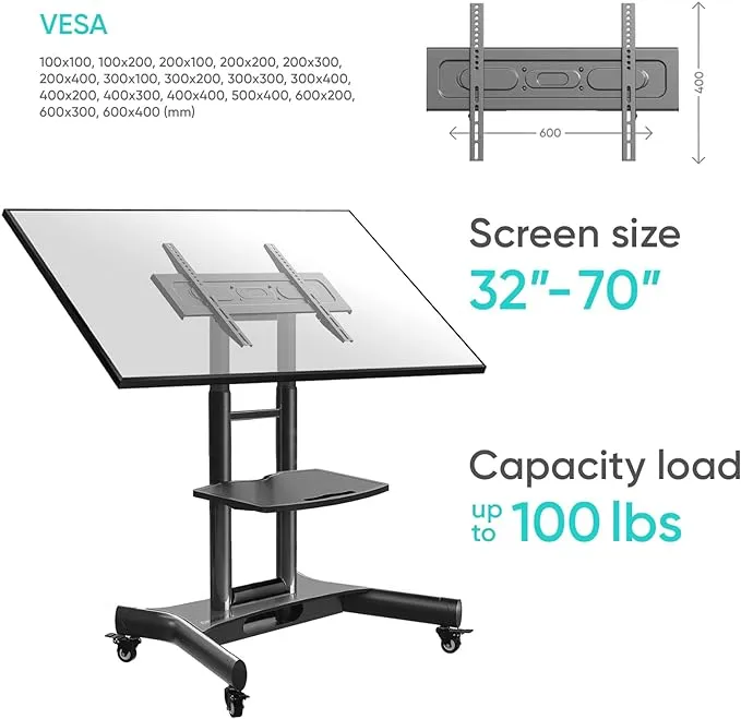 ONKRON Mobile TV Stand Rolling TV Cart with Tilt & 1 Shelf for 32–70 inch LCD Flat Screens up to 100 lbs, Low Profile Mobile TV Stand with Wheels, Adjustable TV Floor Stand, Black TV Stand