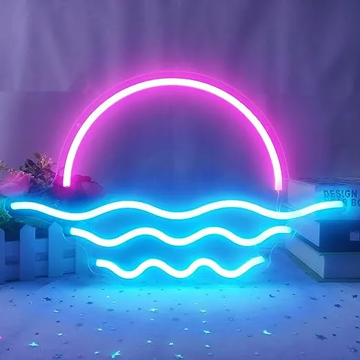 Sunrise Sunset Neon Sign Dimmable Wave Neon Sign Tropical Bedroom Decor Sunrise Neon Surf Room Decor Ocean Neon Sign for Living Room Bedroom Office Bar Birthday Party Christmas (Ice blue,Pink) 15.6inSunrise Sunset Neon Sign Dimmable Wave Neon Sign…