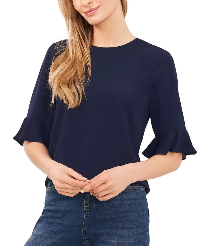 Women's Ruffled-Cuff 3/4-Sleeve Crew Neck Blouse