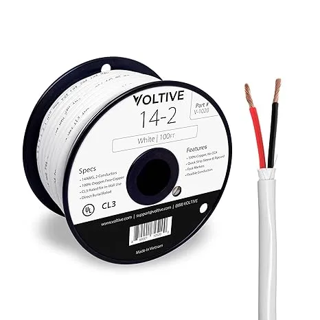 Voltive 14/2 Speaker Wire - 14 AWG/Gauge 2 Conductor - UL Listed in Wall (CL2/CL3) and Outdoor/In Ground (Direct Burial) Rated - Oxygen-Free Copper (OFC) - 100 Foot Spool - White