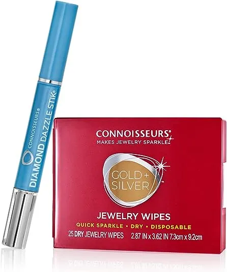 Connoisseurs® Diamond Dazzle Stik and Jewelry Wipes Travel Jewelry Sparkle Set -1 Diamond Dazzle Stik for Diamonds and Precious Jewelry, 25 Count Jewelry Wipes for polishing Gold and Silver Jewelry