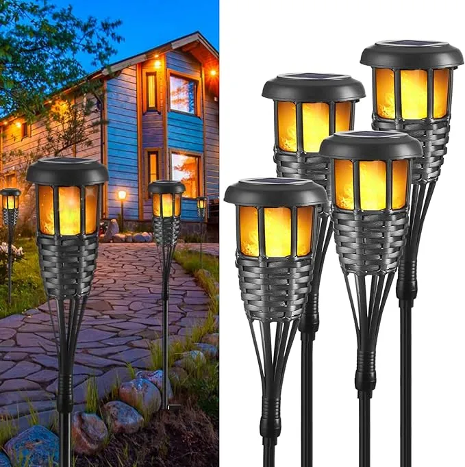 Solar Torch Light with Flickering Flame, 4 Pack Waterproof Bamboo Torches Hand-Woven Rattan Solar Tiki Torches for Outside Patio Yard Garden Lawn