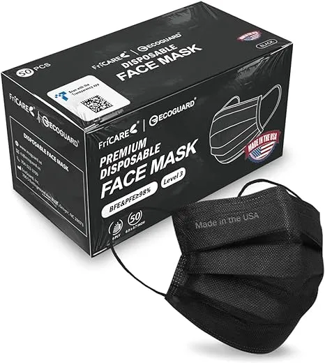 Made in USA, 4-ply Black Disposable Face Mask by ECOGUARD, ASTM Level 3, Pack of 50