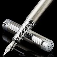 Scriveiner Stainless Steel Fountain Pen - Stunning Luxury Pen with Steel Finish, Schmidt Steel Nib (Fine), Best Pen Gift Set for Men & Women, Professional, Executive Office, Nice Designer Pens