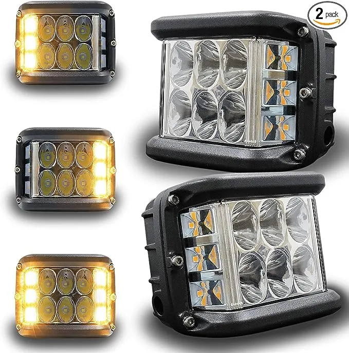 Pair Pod Lights 4 Inch Dual Side Shooter Yellow Strobe LED Cube Lights for Truck