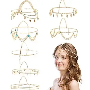 WILLBOND 8 Pieces Gold Head Chain Jewelry Boho Headband Head Chain Coins Pearl Tassel Chain Hair Band Festival Prom Wedding Headpiece for Women and Girls