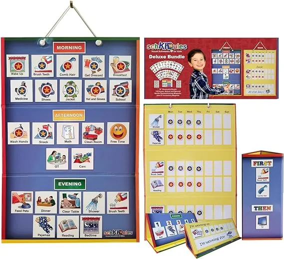 SchKIDules Visual Schedule for Kids Deluxe Bundle: Magnetic Daily Calendar & Weekly Progress Chart w/ 18" Reversible Board & 189 Picture Icons Visual Supports for Autism, Daily Routines, Toddlers ADHDSchKIDules Visual Schedule for Kids Deluxe Bundle: Mag