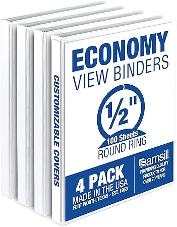 Samsill Economy 0.5 Inch 3 Ring Binder, Made in the USA, Round Ring Binder, Customizable Clear View Cover, White, 4 Pack (MP48517)