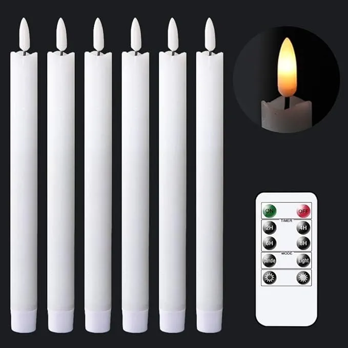 GenSwin Flameless White Taper Candles Flickering with 10-Key Remote, Battery Operated LED Warm 3D Wick Light Window Candles Real