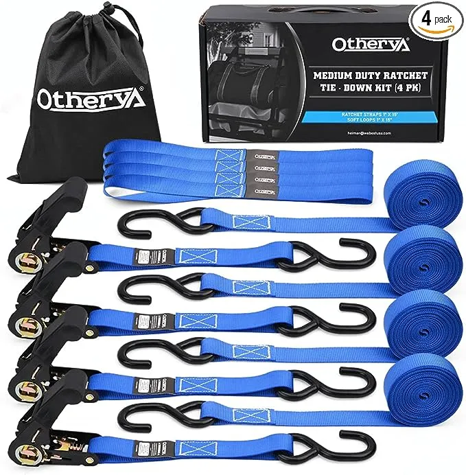 Otherya TIE Down Strap Ratchet Tie Down Straps - 4 Pk-15 Ft 1760 Lb Break Strength - Cargo Straps for Securing Motorcycle, Kayak, Truck, Trailer and Boat Lawn Equipment- Includes 4 Soft Loops