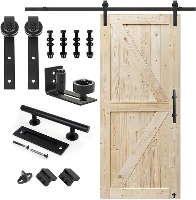 S&Z TOPHAND 36 in. x 84 in. Unfinished British Brace Knotty Barn Door with 6.6FT Sliding Door Hardware Kit/Solid Wood/Sliding Door/Double Surfaces/A Simple Assembly is Required (36, Door+J Shape)