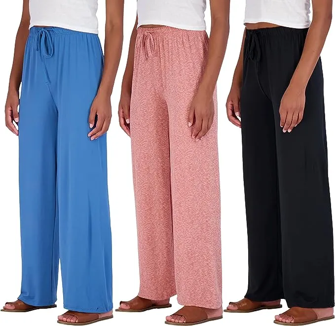 Real Essentials 3 Pack: Women's Wide Leg Palazzo Lounge Pants Drawstring - Loose ...