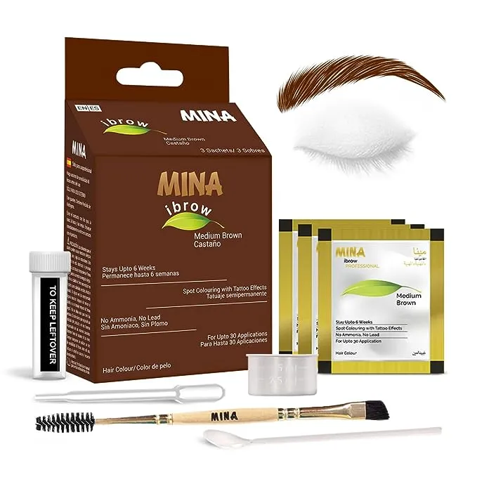 MinaiBrow Instant Haarfärbe-Set, Mittelbraun, natürliches Fleckenfärbepulver mit abgewinkeltem Doppelpinsel, wasser- und wischfest, 100 % Grauabdeckung, bis zu 30 Anwendungen