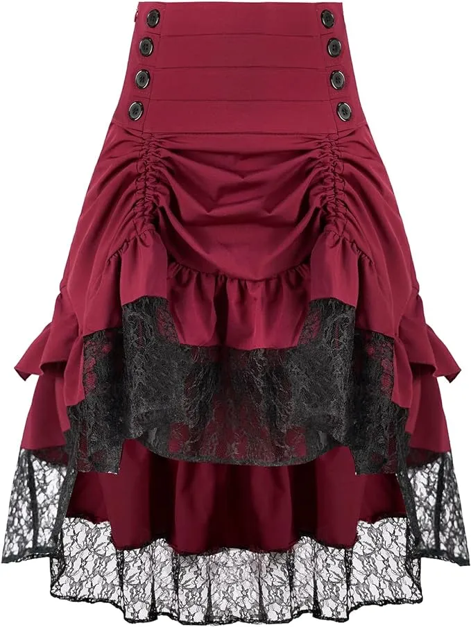 Women's Steampunk Retro Gothic Pleated Asymmetric Hi-Low Lace Party Skirt