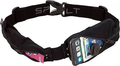 SPIbelt Dual Pocket Pro Running Belt for Adults, Expandable Pockets, Adjustable Waist, No Bounce, Black with Black Zipper