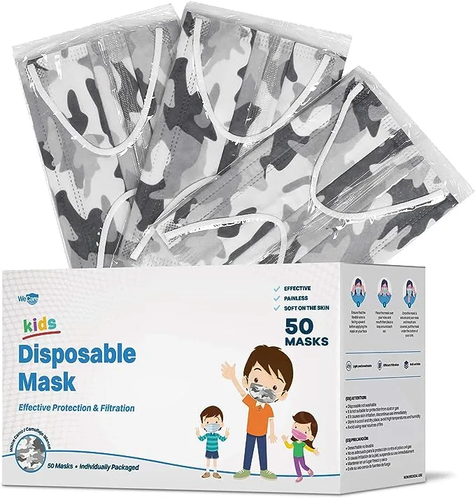 WECARE Disposable Face Masks For Kids, 50 Camo Face Masks, Individually Wrapped for School and Travel