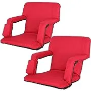 Oteymart Set of 2 Stadium Seats for Bleachers Portable Outdoor Floor Chairs with Armrest 6-Reclining Adjustable Back Support Water Resistant Anti-Slip Base (Red)