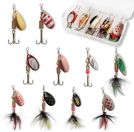 Gmyle 10pcs Fishing Lure Spinnerbait, Bass Trout Salmon Hard Metal Spinner Baits Kit with Tackle Boxes