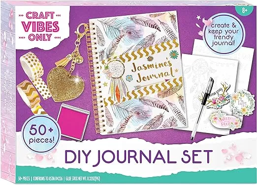 Good Vibes Journal DIY Set by Craft Vibes Only – Personalized Diary - Custom Journals for Girls - Creative Writing Scrapbook Kit - Customize Your Notebook - Pen Included! - Ages 8 & Up