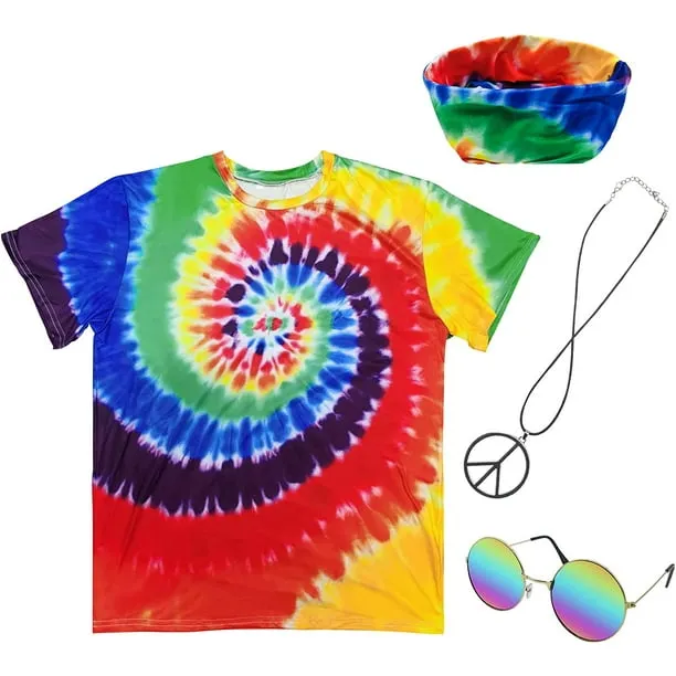 Hippie Costume for Men Women 60s and 70s colorful T-shirt sunglasses headband ...