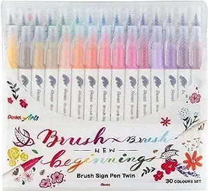 Pentel Brush Sign Pen Dual 30 Colors Set Fibre-Tip Pens with Two Flexible Writing Tips, Water-Based Ink, Assorted, (30 Pack)