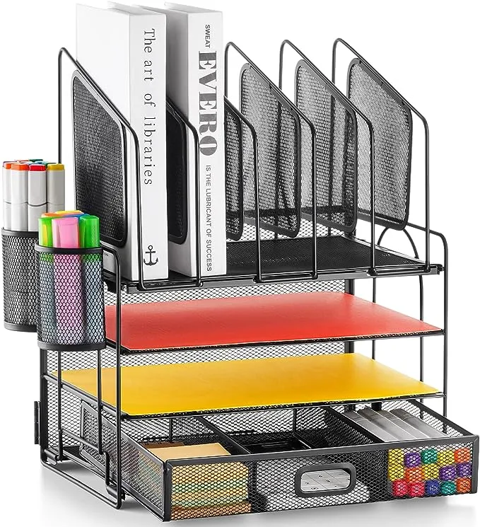 Marbrasse Desk Organizer with Drawer, 4-Tier Mesh Desk File Organizer with 5 Vertical File Holders and 2 Pen Holders, Multifunction Desktop Organizer