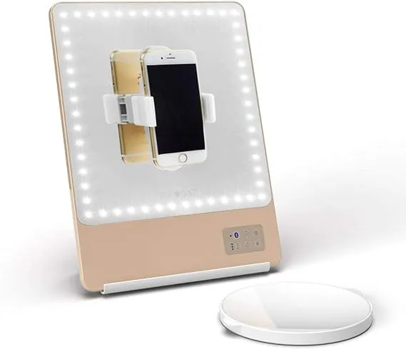 Glamcor Riki Skinny Smart Vanity Mirror with HD LEDs, Magnifying Mirror Attachment, Phone Holder and Bluetooth Control (Champagne Gold, 10X Magnification)